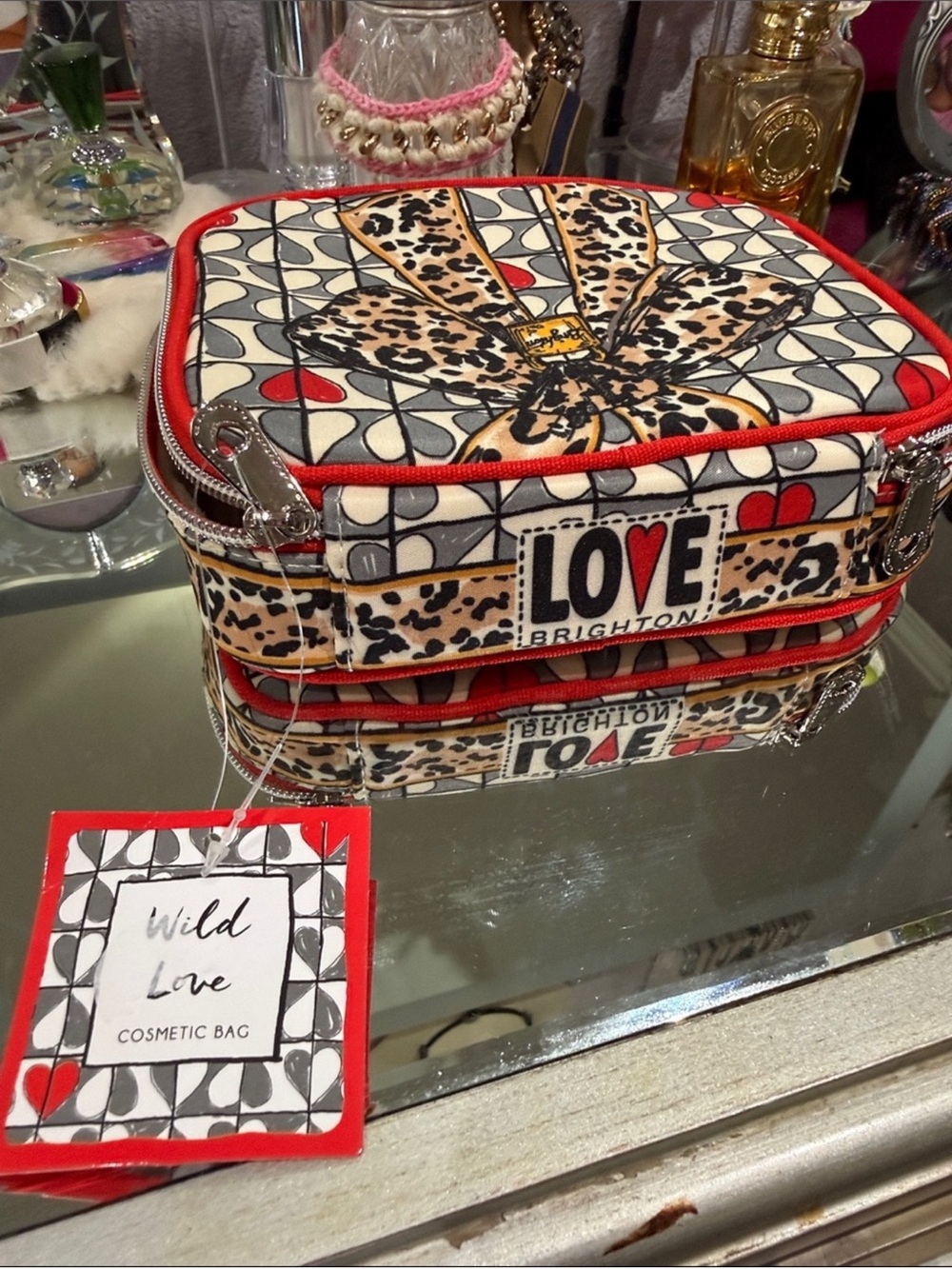 Brighton Leopard Bow/ kitten Cosmetic Jewelry Pouch with Red Trim, beige inside